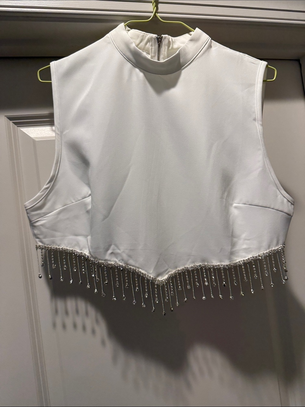 Beaded Fringe White Crop Top - Sleeveless Mock Neck size large